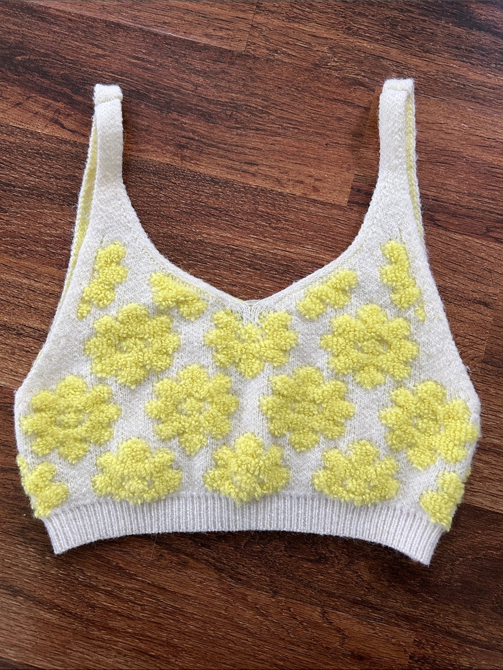 Cream Knit Crop Tank with Yellow Floral Appliqué